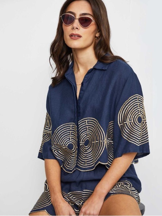 Greek Archaic Kori Tops - Greek Archaic Kori Circle Cropped Linen Shirt
